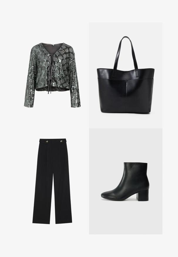 Crop top à manches longues, fabriqué en tissu pailleté noir et argenté. Présente un décolleté en V et une fermeture à nouer à l'avant avec des détails en ruban.; Pantalons larges noirs à taille haute, avec des détails de boutons à la taille et des plis sur le devant.; Bottines en cuir noir avec un bout pointu et un talon épais. Texture lisse avec des accents minimalistes et un design élégant et ajusté.; Sac fourre-tout en cuir noir avec deux longues poignées, une texture lisse et une forme structurée. Dispose d'une poche avant pour un rangement supplémentaire.