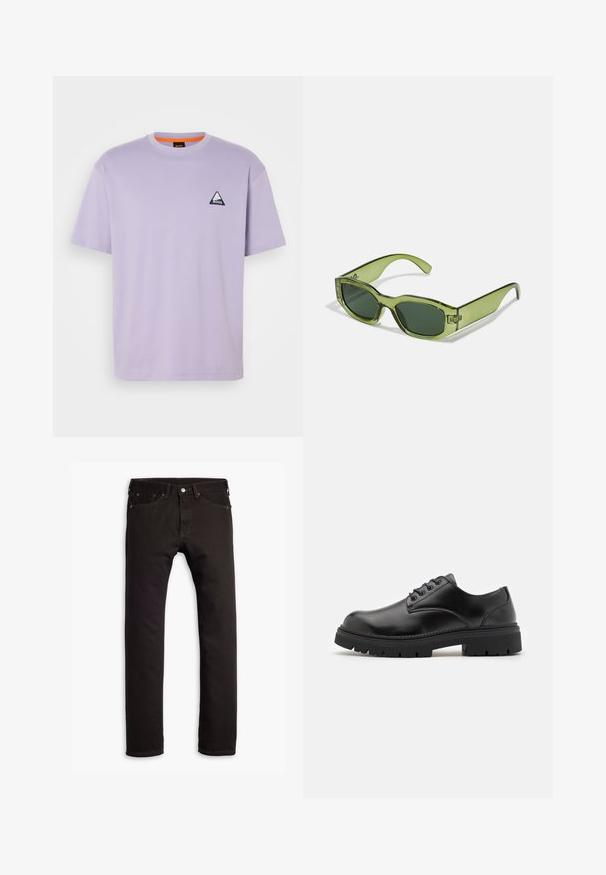 Lavendelbomulls t-skjorte med rund hals, korte ermer og en trekantet marineblå logo på brystet. Glatt, lett materiale.; Sorte slim-fit jeans med fem lommer og knaplukning, vist fladt på en hvid baggrund.; Sorte lær sko med rund tå, snøring og en tykk, teksturert gummisåle. Har søm langs kanten og en glatt overflate.; Grønne, gjennomsiktige solbriller med rektangulær ramme, mørkegrønne linser og en logodatatovering på siden. Glatt tekstur og moderne design.; Svart duffelbag laget av teksturert syntetisk materiale. Har to hender og en justerbar skulderstropp. Enkel design uten synlige mønstre.