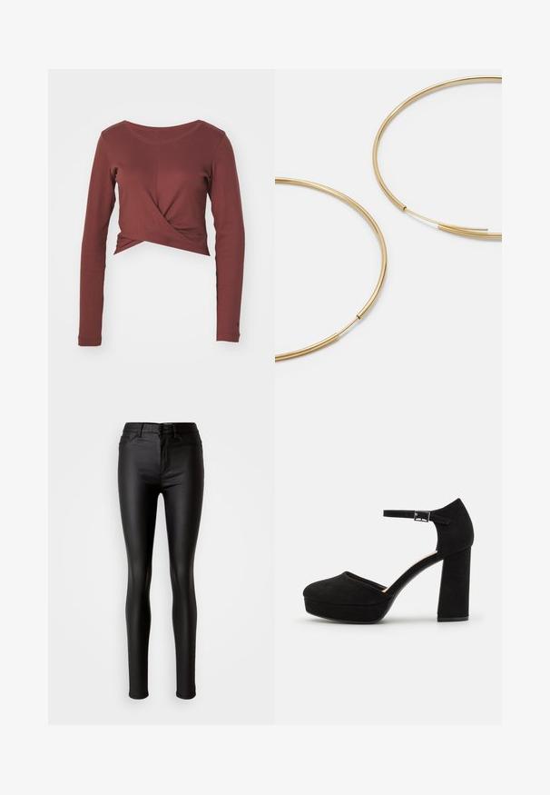 Marokas garām piedurknēm, īss tops ar noapaļotu kakla izgriezumu un savītas priekšējās detaļas. Izgatavots no mīksta, elastīga auduma ar gludu tekstūru.; Melnas mākslīgās ādas šaurās bikses ar gludu tekstūru, augstu jostasvietu, pogu aizdari un tradicionālo piecu kabatu dizainu.; Melna zamšāda platforma ar biezu bloku papēdi, noapaļotu purngalu un potītes siksniņu, kas nostiprināta ar metāla sprādzi. Gluda virsma visā apjomā.; Zelta krāsas auskari gredzena formā, plāni un apaļi, ar gludu metāla apdari un bez rotājumiem vai zīmējumiem.