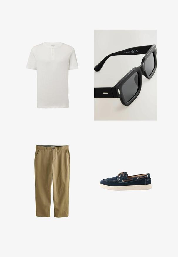 Biela tričko s krátkym rukávom a okrúhlym výstrihom, s dvojitým gombíkom a jemnou textúrou. Obsahuje malé logo na hrudi.; Khaki chinos vyrobené z bavlneného zmesi, s dvoma bočnými vreckami, zapínaním na gombík, rovnými nohavicami a hladkou textúrou.; Námornícky modré lodné topánky vyrobené z tkaniny s bielym prešívaním a gumovou podrážkou. Obsahujú hnedé šnúrky a očká. Dizajn zaoblených špičiek.; Čierne obdĺžnikové slnečné okuliare s matným povrchom, tmavými sklami a striebornými akcentmi na spolkách. Majú hrubý dizajn rámu a hladkú textúru.