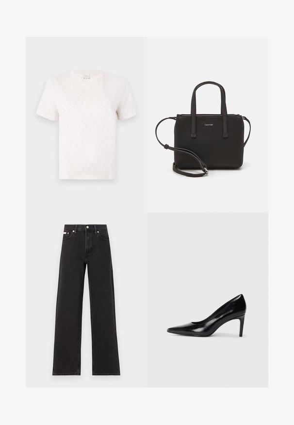 Korte mouwen, crèmekleurig T-shirt van katoen met een subtiel, overal monogrampatroon. Heeft een ronde halslijn en een ontspannen pasvorm.; Zwarte wijde spijkerbroeken van denim, met een hoge taille, vijf-pocket stijl en een metalen knoopsluiting met contrasterende stiksels.; Zwarte leren hoge hak met een spitse neus, een gladde textuur en een tapse hak. Minimalistisch ontwerp, geen extra versieringen.; Zwarte handtas met dubbele korte handvatten en een afneembare schouderriem. Glad, leerachtig materiaal met een ritssluiting en logo-detail.