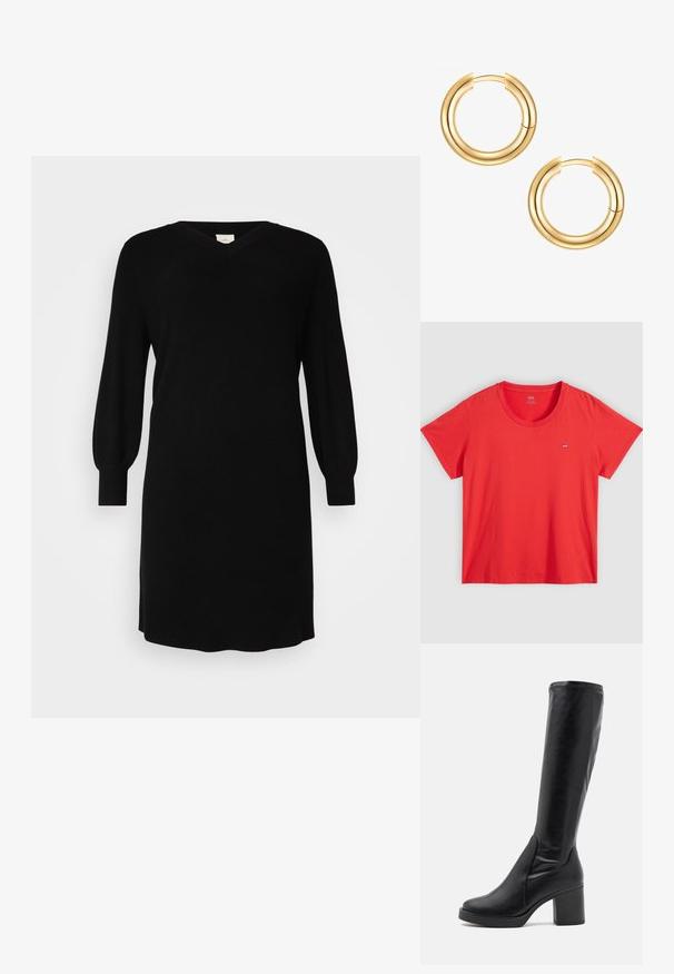 Červené bavlnené tričko s okrúhlym výstrihom, krátkymi rukávmi a malou nášivkou s logom Levi's na ľavej hrudi. Hladká textura, voľný strih.; Čierne pletené šaty s výstrihom do V, dlhými balónovými rukávmi a rebrovanými manžetami. Jednoduchý dizajn s rovným strihom, dĺžka po kolená.; Čierne čižmy po kolená vyrobené z hladkej kože s masívnym podpätkom a zaoblenou špičkou. Majú bezšvový dizajn a jemné prešívanie.; Zlaté kruhové náušnice so zdvojeným dizajnom. Hladký, lesklý povrch s bezproblémovým uzatváracím mechanizmom. Okrúhly tvar s moderným vzhľadom.