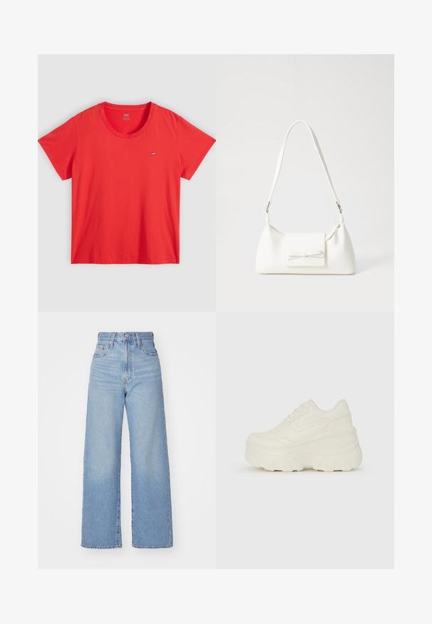 T-shirt de algodão vermelho com gola redonda, mangas curtas e um pequeno logótipo da Levi's no lado esquerdo do peito. Textura suave, corte descontraído.; Jeans de cintura alta e perna larga em azul claro, com fecho frontal de botão e zíper, bolsos frontais e traseiros, sobre um fundo branco.; Tênis brancos de plataforma com um cabedal suave semelhante a couro, formato arredondado, colarinho acolchoado e sola de borracha texturizada com ranhuras bem definidas.; Mala sintética branca com formato triangular, aba frontal plana e detalhe de laço, alça ajustável, textura suave e design minimalista.