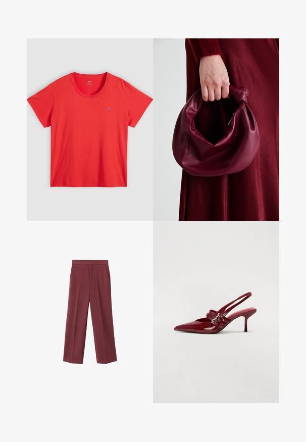 Czerwona bawełniana koszulka z okrągłym dekoltem, krótkimi rękawami oraz małą naszywką z logo Levi's na lewej piersi. Gładka tekstura, luźny krój.; Bordowe spodnie typu wide-leg o gładkiej teksturze, z bocznymi kieszeniami i wysokim stanem. Skrojone z wyraźnym zagięciem z przodu.; Czerwone lakierowane czółenka na klocku z zaokrąglonym noskiem, dwoma paskami z klamrami oraz smukłym, średniej wysokości obcasem w stylu stiletto. Gładka tekstura.; Bordowa skórzana torebka o miękkim, marszczonym wyglądzie i zaokrąglonym kształcie. Uchwyt jest zabezpieczony, co podkreśla gładką fakturę.