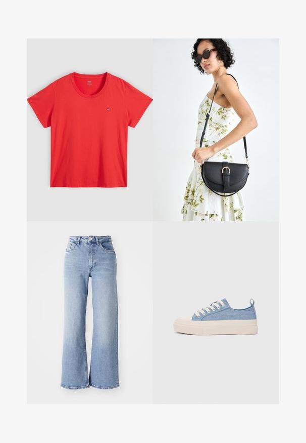 Tricou roșu din bumbac, cu guler rotund, mâneci scurte și un mic patch cu logo-ul Levi's pe partea stângă a pieptului. Textură netedă, croială lejeră.; Jeans wide-leg de culoare albastru deschis cu talie înaltă, dotate cu buzunare frontale și spate, închidere cu buton și decolorare subtilă pe coapse și margini.; Sneakers din pânză de culoare albastru deschis, cu vârf și talon din cauciuc crem, având șireturi albe și un maner pe călcâi.; Geantă din piele neagră, cu o formă curbată, curea detașabilă și accesorii aurii. Geanta are un capac cu un detaliu tip cataramă.
