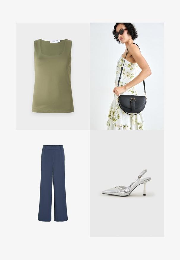 Olive green sleeveless top with a square neckline, smooth texture, and clean edges. No visible patterns or hardware details.; Wide-leg trousers in a solid dark blue fabric, featuring an elastic waistband and a smooth texture. No visible patterns or hardware.; Silver slingback high heel shoe with a pointed toe, metallic finish, two decorative straps, and a slender heel with a black tip.; Black leather handbag with a curved shape, detachable strap, and gold hardware. The bag features a flap with a buckle detail.
