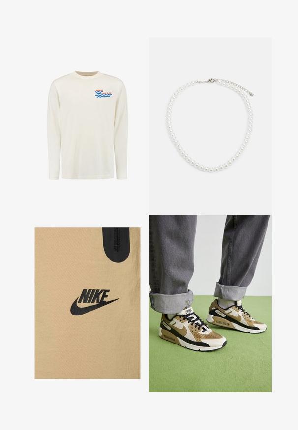 Kreemikas satiinist pikkade varrukatega T-särk, millel on graafika siniste lainetega ja punase tekstiga "Barcelona Social Club."; Nike beež kangas, millel on sile tekstuur, sisaldab silmapaistvat musta logo disaini. Ülaservas on lühike must tõmblukk.; Nike Air Max 90 tossud beezhi ja musta värvi, mis on valmistatud võrgust ja nahast, nähtava pehmendusega ning mustade paeltega.; Valge pärlkaelakee, millel on ühtlane ümar kuju, sile pind ja metallist kinnitusbüts koos pikendusahelaga reguleeritava pikkuse jaoks.