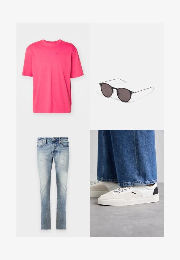 Tričko s krátkým rukávem a kulatým výstřihem v jasně růžové barvě z bavlny, s embosovaným logem značky uprostřed, které má uvolněný střih a hladkou texturu.; Světle modré džíny z denimu s vybledlým povrchem, slim fit střih, pět kapes a kontrastní švy.; Bílé a černé tenisky s hladkým koženým svrškem, texturovanými akcenty a robustní bílou podešví. Mají klasický design se šněrováním.; Černé kulaté sluneční brýle s tmavými skly a tenkými kovovými nohami. Obsahují průhledné koncovky nožiček a stříbrné akcenty na pantu. Minimalistický design.