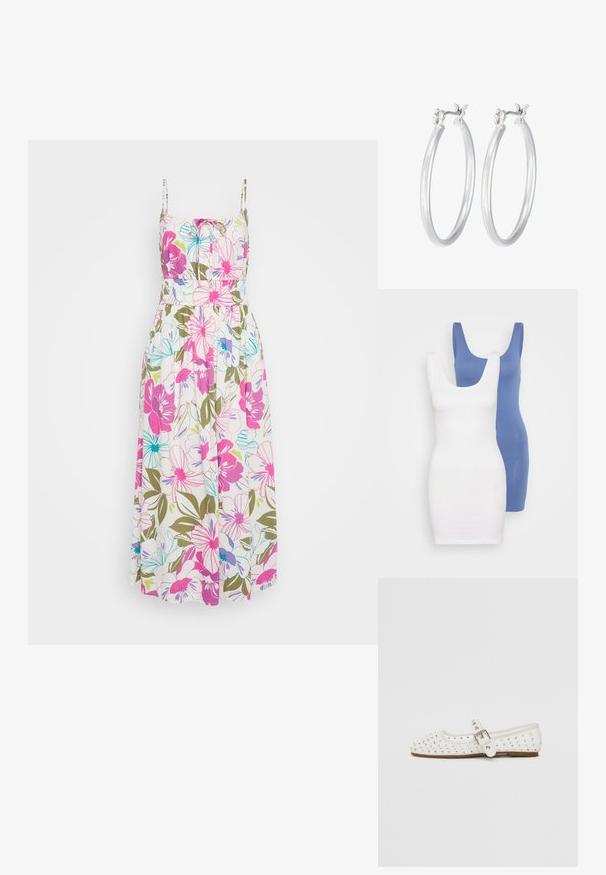 Divi pieguļoši tvertnes kleitas baltā un zilā krāsā, izgatavotas no gludas kokvilnas auduma, ar platām siksnām un apaļiem dekoltē izgriezumiem.; Ziedu maksi kleita ar plānām siksnām, kurā ir spilgti rozā, zila un zaļa ziedi uz baltas krāsas fona, savilkti jostas vietā, un plūstoša auduma.; Baltas plakans zābaks ar smailu purngalu, rotāts ar sudraba kniedēm, ar sprādzi, kas iet ap potīti, un gaiši brūnu zoli.; Dzeltena austs kabata ar atloku dizainu, noņemamu plaukstas siksnu un zeltītu ķēdes akcentu. Gluda tekstūra un taisnstūra forma.; Sudraba riņķveida auss gredzeni ar gludu, pulētu apdari. Apaļa forma un drošs klikšķa augšējais slēgums. Viegls dizains, kas piemērots ikdienas valkāšanai.