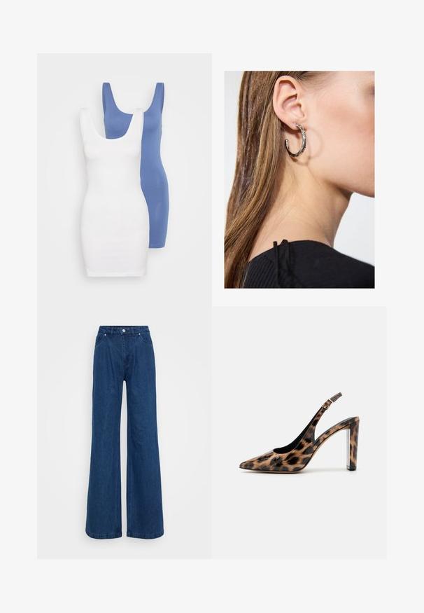 Du striukliniai tankai su plačiais dirželiais ir apvaliais iškirpimais, balti ir mėlyni, pagaminti iš glotnaus medvilnės audinio.; Mėlynos plačios džinsinio audinio kelnės su aukšta juosmens linija, priekyje mygtukas ir užtrauktukas, bei priekinės ir užpakalinės kišenės prieš paprastą foną.; Leopardų rašto slingback aukštakulniai su smailiu priekiu ir skaidriu blokuotu kulnu. Pagaminti iš blizgaus medžiagos su glotnia tekstūra.; Sidabrinė lankinė auskarai su poliruotu paviršiumi, turintys mažus auksinius akcentus ir apvalią formą, dėvimi ant ausies kaušelio.