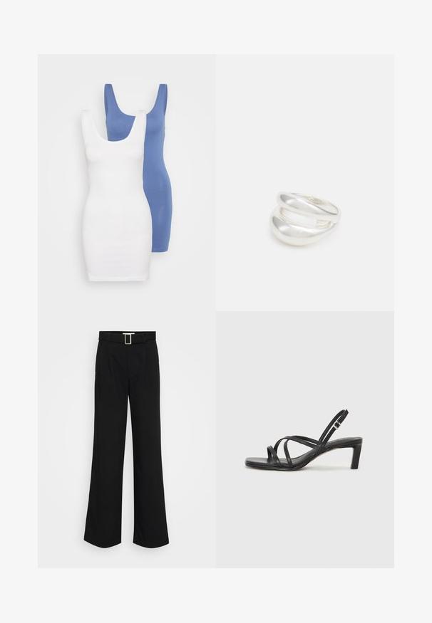 Dve priliehavé tank šaty v bielej a modrej farbe, vyrobené z hladkej bavlnenej tkaniny, so širokými ramienkami a okrúhlym výstrihom.; Čierne široké nohavice z ľahkej tkaniny, s hladkou textúrou, prednými skladmi a pásom so štvorcovou kovovou prackou.; Čierne sandále na vysokom podpätku so štvorcovou špičkou a nízkym blokovým podpätkom. Obsahujú viacero tenkých popruhov a nastaviteľný členkový popruh. Vyrobené z hladkej kože.; Strieborný prsteň s dvojitým pásikom s hladkým, lesklým povrchom. Má plynulý, zakrivený dizajn s prekryvajúcimi sa časťami pre moderný vzhľad.