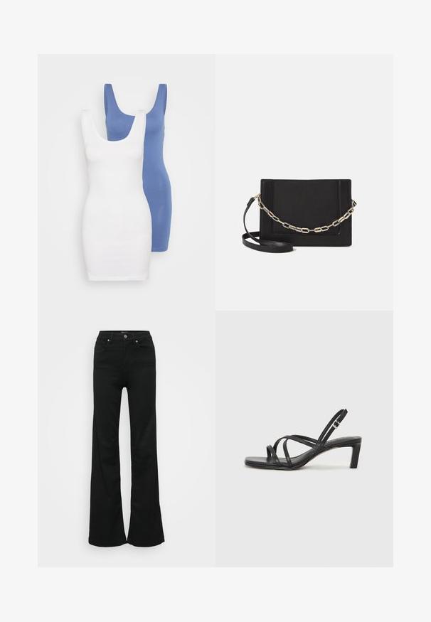 To fitte tankkjoler i hvit og blå, laget av glatt bomullsstoff, med brede stropper og dype utringninger.; Svarte utsvingte jeans laget av denim, med høy midje, fem lommer og metallknapplukking. Glatt tekstur med minimal detaljering.; Sorte sandaler med stropper, firkantet tå og lav blokk hæl. Har flere tynne stropper og en justerbar ankelstropp. Laget av glatt lær.; Svart lær crossbody-veske med glatt tekstur, rektangulær form og metallkjede detaljer på framsiden. Justerbar stroppe inkludert.