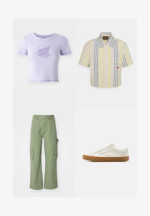 Fioletowa dopasowana koszulka z krótkim rękawem, okrągłym dekoltem i kontrastowym szwem. Na przodzie znajduje się grafika z napisem "SANTA CRUZ".; Skórzana koszula z krótkim rękawem w jasnym żółtym kolorze z pionowymi zielonymi i pastelowymi paskami. Posiada dwie kieszenie na piersi oraz naszywkę z logo na lewej kieszeni.; Zielone bawełniane spodnie cargo o szerokich nogawkach, z dwoma dużymi bocznymi kieszeniami i zapięciem na guzik w talii. Materiał teksturowany.; Białe płócienne sneakersy w stylu niskim z gumową podeszwą, okrągłym noskiem, sznurowanym zapięciem oraz skórzaną detalą wzdłuż boku.