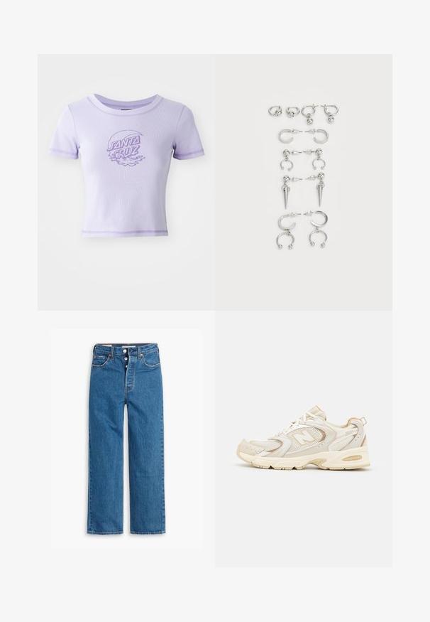 Lila enganliegendes T-Shirt mit kurzen Ärmeln, Rundhalsausschnitt und kontrastierenden Nähten. Auf der Vorderseite befindet sich ein grafisches Design mit "SANTA CRUZ".; Blaue Denim-Jeans mit geradem Bein, hoher Taille, fünf Taschen und Knopfverschluss. Auffällige Nähte und Nieten in Kupferfarbe.; Beige Sportlichchuhe mit Mesh- und synthetischen Überzügen, mit einer strukturierten Oberfläche, gepolstertem Kragen und "ABZORB"-Dämpfung an der Ferse.; Set von silbernen Ohrringen mit verschiedenen Designs: Creolen, Stecker und hängende Stile, mit Kugelakzenten und spitzen Elementen.