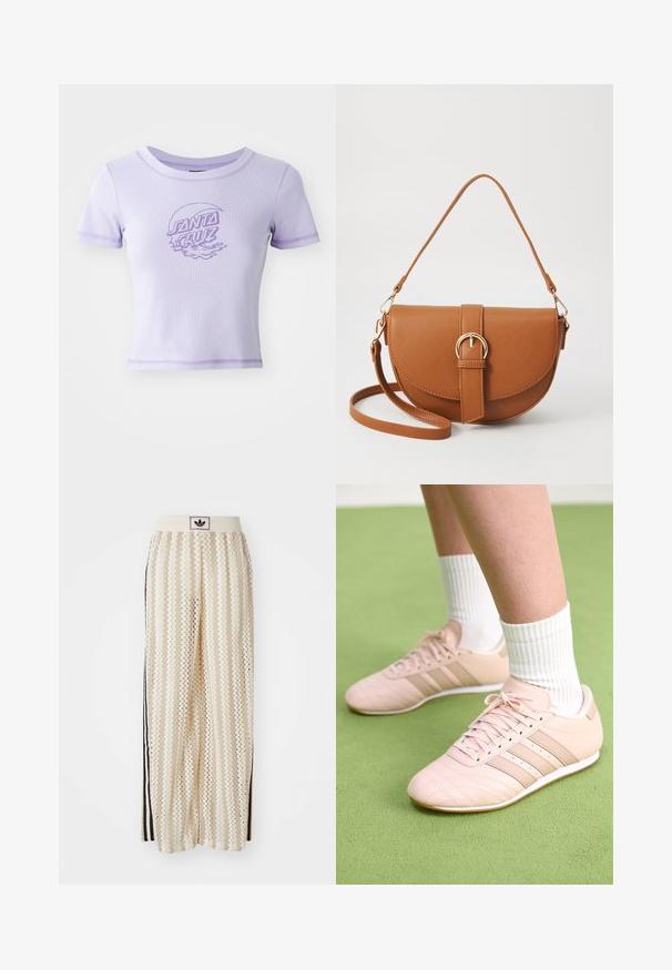 Lilla tettsittende T-skjorte med korte ermer, rund hals og kontraststing. Har et "SANTA CRUZ" grafisk design foran.; Kremfargede bukser med brede ben og zigzag-mønster, med en svart logo-linning og svarte striper på siden. Lett, teksturert stoff.; Lys rosa treningssko med skrå sømmer, hvite såler og tre laterale striper. Brukt med rillede hvite sokker på grønn overflate.; Brun lærcrossbody-veske med en buet form, gullhardware og et spenneakcent. Har en avtakbar skulderreim.
