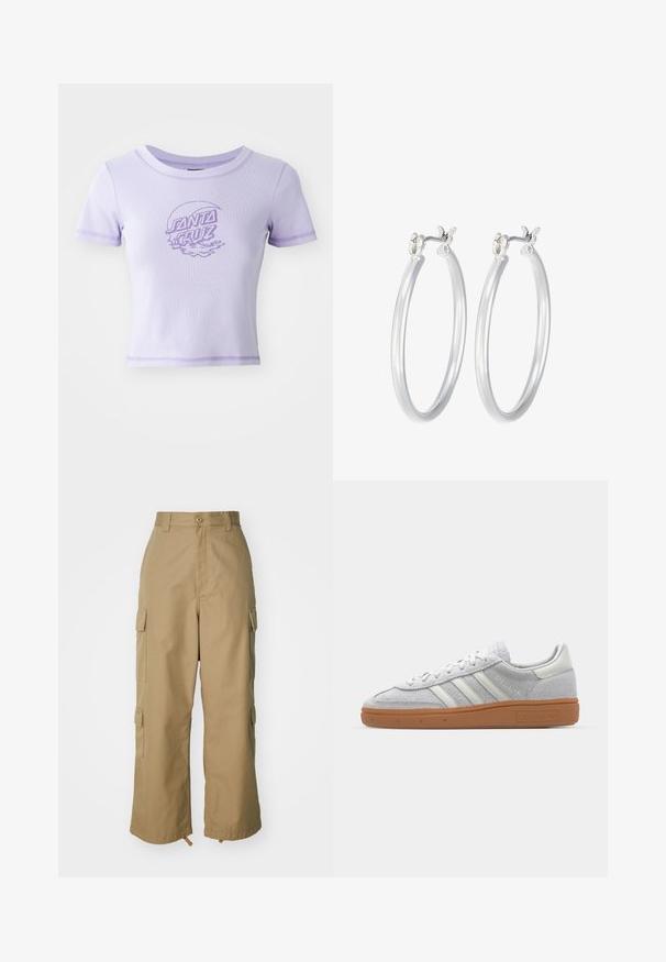 Violetinė prigludusi marškinėliai su trumpomis rankovėmis, apvaliu iškirpimu ir kontrastine siūle. Priekyje yra „SANTA CRUZ“ grafikos dizainas.; Šviesiai rudos spalvos cargo kelnės su aukštu liemeniu, plačiomis kojomis ir keturiomis didelėmis šoninėmis kišenėmis. Pagamintos iš patvarios medžiagos su lygiu paviršiumi ir minimaliais detalėmis.; Šviesiai pilki zomšiniai sportbačiai su baltais odiniais akcentais, trimis baltomis juostelėmis ir rudą guminę pada, turintys paminkštintą apykaklę patogumui.; Sidabriniai auskarai su sklandžiu, poliruotu paviršiumi. Apvalios formos ir saugus uždarymo mechanizmas. Lengvas dizainas, tinkantis kasdieniam dėvėjimui.