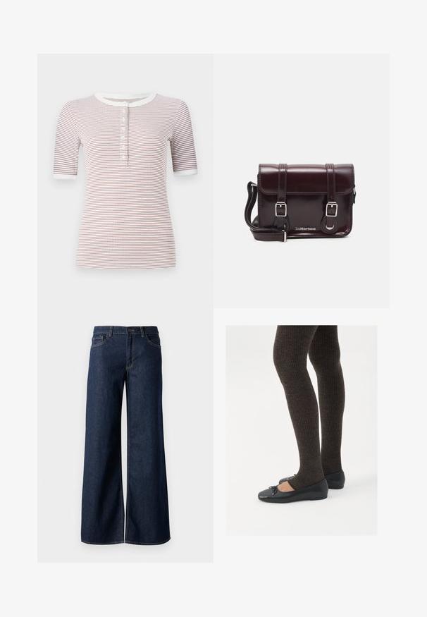 Pruhovaná košile s krátkým rukávem a kulatým výstřihem, s knoflíky vpředu a měkkou texturou v bílé a vínové barvě.; Džínsy s širokými nohavicemi v tmavě modré barvě. Mají kontrastní švy, pět kapes a zapínání na knoflík v pase. Hladká textura.; Černé ploché boty s malou mašlí na špičce, kombinované s tmavě hnědými žebrovanými punčochami. Boty mají hladký povrch a nízký profil.; Burgundská lakovaná křížová taška obdélníkového tvaru, se dvěma popruhy, stříbrnými kovovými doplňky a klopovým uzávěrem.