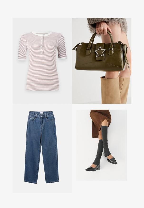 Camisa de mangas curtas com riscas e decote redondo, com botões na parte da frente e uma textura suave nas cores branca e bordô.; Jeans de denim azul clássicos com um design de perna reta, cinco bolsos e fecho de botão. Apresenta um tratamento médio e uma textura resistente.; Sapatos pretos de pele lacada com biqueira pontuda, salto bloco e tiras no tornozelo, combinados com caneleiras cinzas em malha e uma saia de camurça castanha.; Bolsa de mão em pele sintética verde oliva com detalhe de estrela prateada, alças duplas e fecho com zip. Superfície texturizada e forma estruturada.