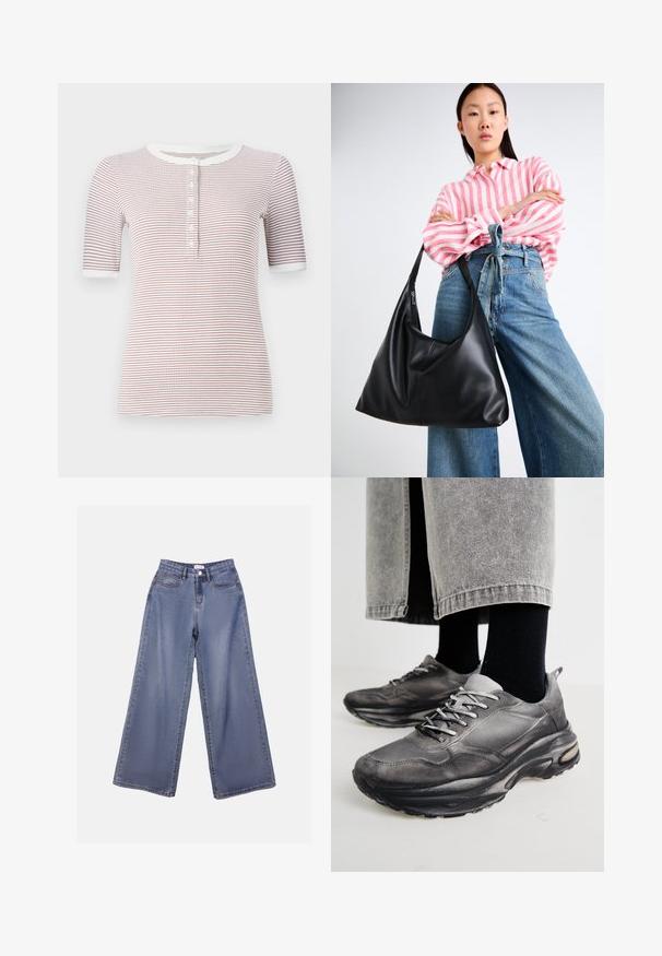 Pasiasta koszula z krótkim rękawem i okrągłym dekoltem, z guzikami z przodu i miękką teksturą w kolorze białym i bordowym.; Jasnoniebieskie dżinsy o szerokich nogawkach z wysokim stanem, z kieszeniami z przodu oraz zapięciem na guziki i pętelkami na pasek.; Czarno-szare buty sportowe mają siatkową cholewkę, grube podeszwy i sznurowadła. Mają zaokrąglony nosek i widoczną poduszkę amortyzującą.; Czarna skórzana torebka na ramię o luźnym kształcie i detalach szwów. Model nosi różową koszulę w białe paski oraz szerokie niebieskie dżinsy.