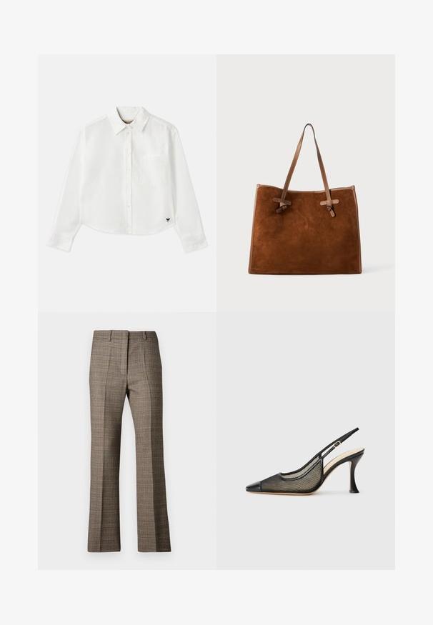 Camisa branca de manga longa cropped em algodão. Apresenta fecho com botões na frente, um bolso no peito e um pequeno logotipo preto no canto inferior esquerdo.; Calças castanhas em padrão xadrez com corte reto, apresentando um tecido texturizado e cores subtis de bege e castanhos mais escuros ao longo do padrão.; Sandal de salto alto preto com biqueira fina, detalhes em malha e um bico de pele lisa. As cores incluem preto com acentos em bege.; Bolsa tote em camurça castanha com duas alças em couro, forma plana, detalhes cosidos e um nó nas laterais. Sem fechos visíveis.