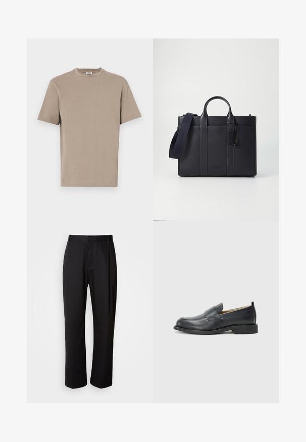 Beige cotton t-shirt with a crew neck, short sleeves, and a straight hem. Smooth texture, minimal design, no visible graphics or accents.; Black trousers with a straight cut, made of lightweight fabric. Features a front button closure and two side pockets; smooth texture.; Black leather loafers featuring a smooth finish, a flat sole, and a rounded toe with a decorative strap across the upper.; Dark navy leather briefcase with dual top handles and a detachable strap. Features textured finish, vertical stitching, and logo detail.