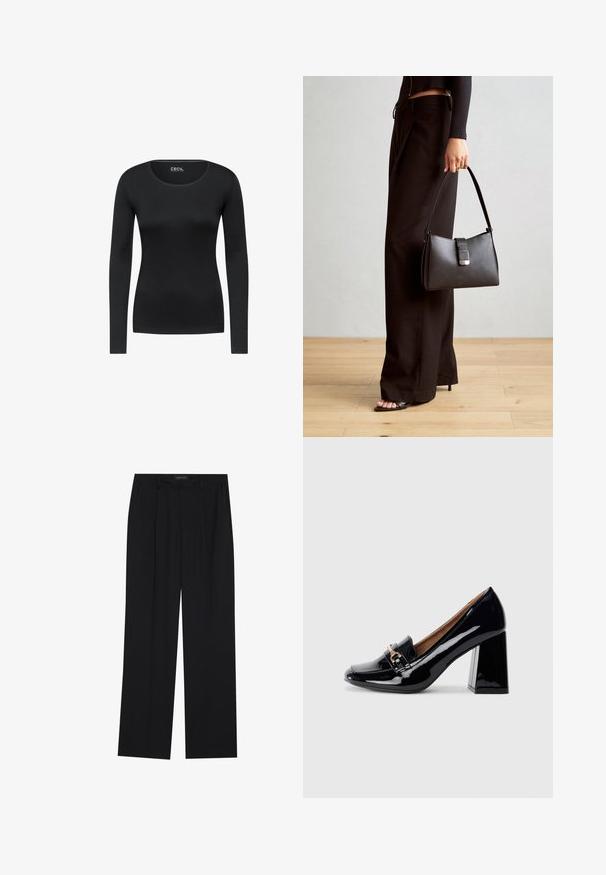 Schwarzes Longsleeve-Shirt mit Rundhalsausschnitt. Aus glattem Stoff gefertigt, mit figurnahem Design ohne sichtbare Muster oder Akzente.; Schwarze Hose mit geradem Bein, ausgestattet mit zwei frontalen Taschen und einem Taillenbund. Hergestellt aus einem glatten, leichten Stoff.; Schwarzer Lackleder-Pumps mit spitzer Zehenform und Blockabsatz. Verfügt über einen dekorativen Riemen und eine Schnallendetail auf dem Vorderblatt.; Schwarze Handtasche mit strukturierter Form, glatter Textur und einem metallischen Verschluss. Kombiniert mit weiten schwarzen Hosen und offenen Sandalen auf einem Holzboden.