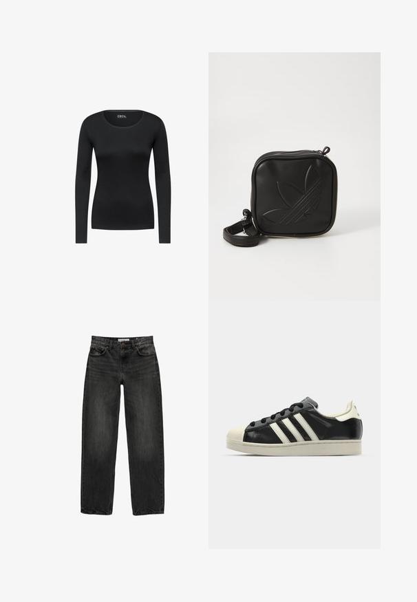 Schwarzes Longsleeve-Shirt mit Rundhalsausschnitt. Aus glattem Stoff gefertigt, mit figurnahem Design ohne sichtbare Muster oder Akzente.; Schwarze Jeans aus Denim mit lockerer Passform, geradem Bein, fünf Taschen-Design und einer leicht gewaschenen Textur. Knopf- und Reißverschluss vorne.; Schwarze Ledersneaker mit weißen Streifen, Gummikappe, schwarzen Schnürsenkeln und einer cremefarbenen Sohle. Glatte Textur mit glänzender Oberfläche.; Schwarze Umhängetasche aus strukturiertem synthetischem Material. Verfügt über ein eingeprägtes Logodesign und einen verstellbaren Riemen. Mit Reißverschluss geschlossen.