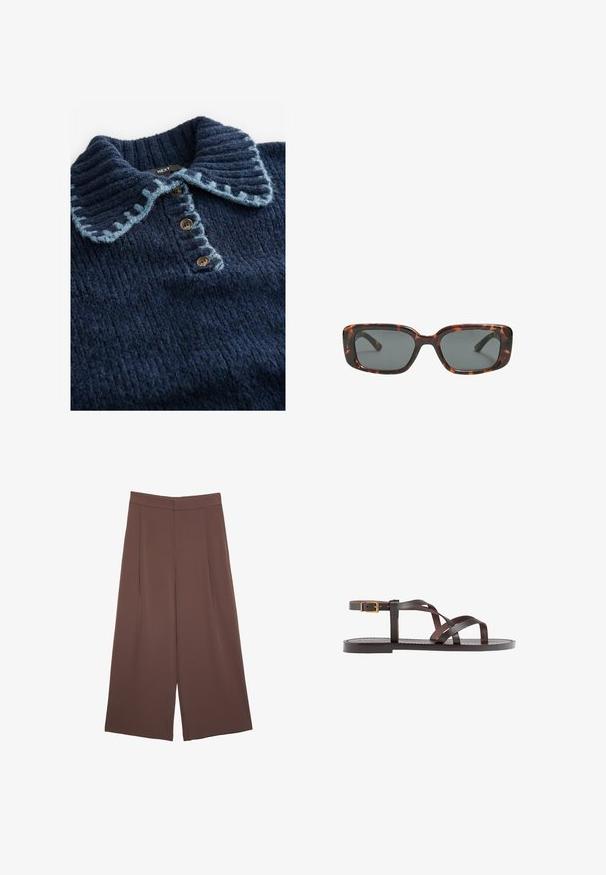 Next WITH STITCH COLLAR DETAIL - Top s dlouhým rukávem - blue navy; Hnědé široké kalhoty s hladkou texturou, vysokým pasem a předními záhyby. Materiál je lehký a volně splývá.; Hnědé kožené sandály s kříženými pásky, uzavřením na přezku u kotníku a plochou podrážkou s minimem švů.; Sluneční brýle ve stylu želvoviny s obdélníkovými čočkami, silnými rámy a tmavými zbarvenými čočkami. Hladký povrch a minimalistický design.