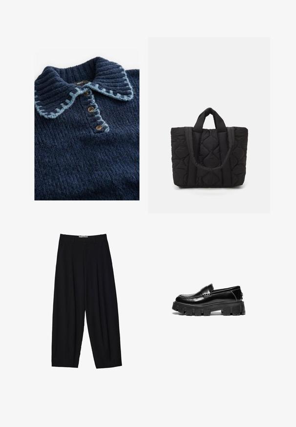 Next WITH STITCH COLLAR DETAIL - T-shirt à manches longues - blue navy; Pantalons larges noirs en tissu léger, avec des plis avant, une taille classique et des poches latérales. Texture douce.; Mocassins en cuir noir avec semelle en caoutchouc épaisse, sangle décorative sur le dessus et surpiqûres blanches contrastantes. Texture lisse avec un bout arrondi.; Sac fourre-tout noir matelassé avec deux poignées robustes, offrant un tissu texturé avec un motif en diamant pour la durabilité et le style.