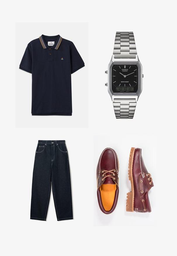 Tengerészkék póló, pamutból készült, két gombos záródással, krémszínű, barna és lila csíkozott gallérral, kis hímzett logóval.; Széles szárú, sötét farmernadrág kontrasztos fehér varrással, öt zsebbel és gombos záródással. Magas derék kialakítás jellemzi.; Bordó bőr cipő barna gumitalppal, kerek orral, fehér varrással és arany fűzőlyukakkal. A belső tér sárga béléssel rendelkezik.; Ezüst rozsdamentes acél kvarcóra fekete, téglalap alakú számlappal, analóg mutatókkal, digitális kijelzővel és vízállósági jelöléssel.