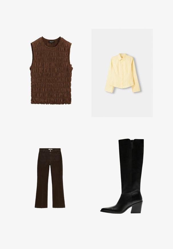 Brun ærmeløs top lavet af samlede stoffer. Har en rund halsudskæring og en tekstureret overflade med en let elastisk kant.; Gulstribet skjorte med lange ærmer, spidse kraver og frontknaplukning. Har lodrette blå striber og en skræddersyet pasform.; Brune, udvidede jeans med høj talje, med knaplukning, to baglommer og frynset kant. Lavet af denimstof.; Sorte knæhøje støvler lavet af glat læder, med spids tå, blokhæl og en V-formet udskæring foroven.
