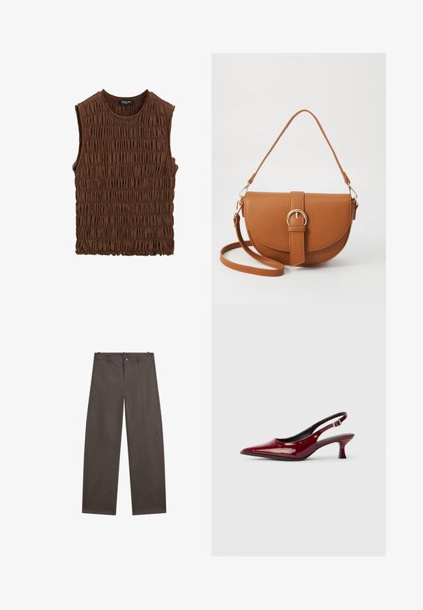 Brun ærmeløs top lavet af samlede stoffer. Har en rund halsudskæring og en tekstureret overflade med en let elastisk kant.; Bredde bukser i mørkebrun stof. Har knaplukning, to frontlommer og en glat tekstur med rene sømme.; Bordeaux patenteret læder slingback hæle med spids tå og en slank stiletto hæl. Åben rygdesign med justerbar ankelrem.; Brun læder crossbody taske med en buet form, guldfarvet hardware og en spændeaccent. Har en aftagelig skulderrem.