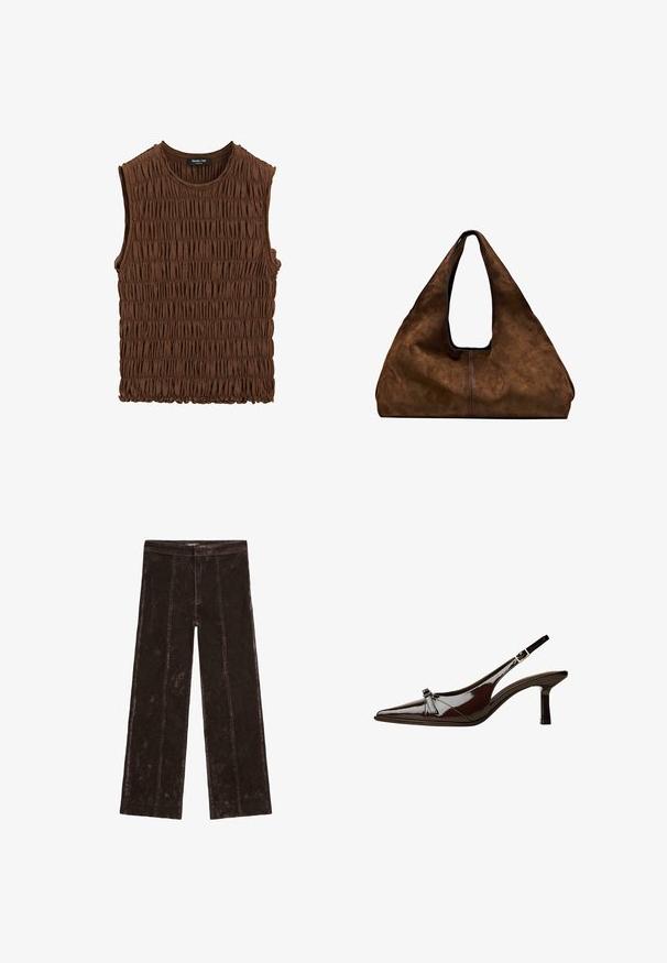 Brun ærmeløs top lavet af samlede stoffer. Har en rund halsudskæring og en tekstureret overflade med en let elastisk kant.; Breddebukser i mørkebrun farve med en ruskindsagtig tekstur, vertikale søm detaljer og en elastisk talje for komfort.; Brun patentlæder slingback sko med spids tå, lav hæl og en dekorativ sløjfe foran. Glat, skinnende tekstur.; Brun ruskind skuldertaske med åben top. Har en dyb, bred form, udskåret håndtag og minimal syning for et rent design.