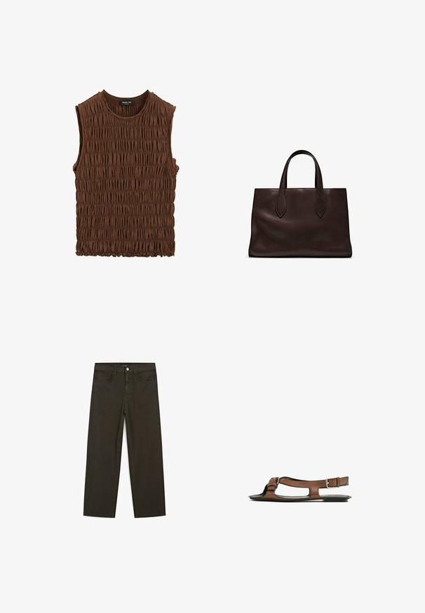 Bruine zonder mouwen top van gepofte stof. Kenmerkt zich door een ronde halslijn en een gestructureerd oppervlak, met een iets elastische onderrand.; Donkergroene wijde jeans van een katoenmix, met een sluiting met een voorste knop, vijf zakken en klassieke denimstiksels.; Bruine leren sandaal met een open teen en zijuitsparingen. Voorzien van een enkelband met een metalen gesp en een platte zool.; Bruine leren tote bag met twee verlengde handvatten, gestructureerde rechthoekige vorm, gladde textuur en subtiele stiksels.