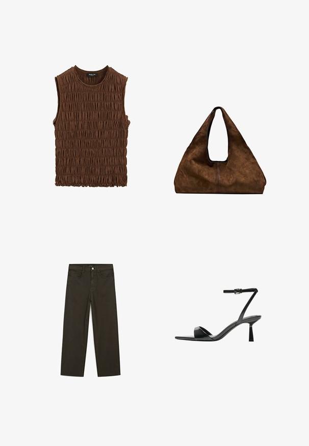 Brun ärmlös topp gjord av veckad tyg. Har en rund halsringning och en texturerad yta, med en lätt elastisk nederkant.; Mörkgröna vida jeans i bomullsblandning, med knäppning fram, fem fickor och klassisk denimstickning.; Bershka Sandaletter - black; Brun mocka axelväska med öppen topp. Har en djup, bred kropp, urgröpt handtag och minimal sömnad för en ren design.