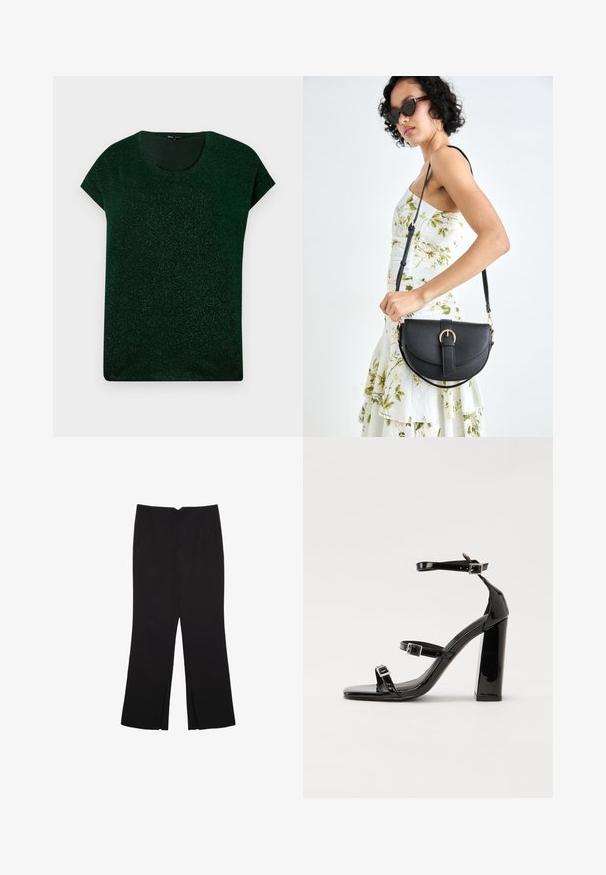 Mörkgrön kortärmad topp med glans, rund halsringning och avslappnad passform på en enhetlig bakgrund.; Svarta byxor med rak passform, utrustade med framfickor och sidoklyvningar vid fållen. Tillverkade av mjukt, slätt tyg. Lämpliga för olika tillfällen.; Svarta lackerade högklackade sandaler med två spännband, fyrkantig tå och en tjock klack, med en slät och glansig yta.; Svart läderhandväska med en böjd form, avtagbar rem och guldiga detaljer. Väskan har ett lock med en spänndetalj.