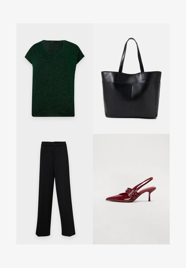 Top scurt de culoare verde închis, cu mânecă scurtă și detalii strălucitoare, guler rotund și croială lejeră, pe un fundal simplu.; Pantaloni negri cu croi larg, dintr-un material neted, având un talie clasică cu închidere prin buton și plisuri frontale.; Pantofi cu toc slingback din piele roșie lacuită, cu vârf ascutit, două curele cu cataramă și un toc subțire, de înălțime medie. Textură netedă.; Geantă oversized din piele neagră, cu două mânere lungi, de textură netedă și formă structurată. Are un buzunar frontal pentru stocare suplimentară.