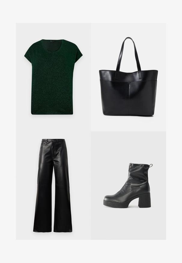 Dark green short-sleeve shimmer top with round neckline and relaxed fit on a plain background.; Black high-waist wide-leg faux leather pants with front button, zip closure, belt loops, and side pockets on white background.; Black ankle boots made of smooth leather, featuring a side zipper, chunky textured heel, and rounded toe design.; Black leather tote bag with two long handles, a smooth texture, and a structured shape. Features a front pocket for additional storage.