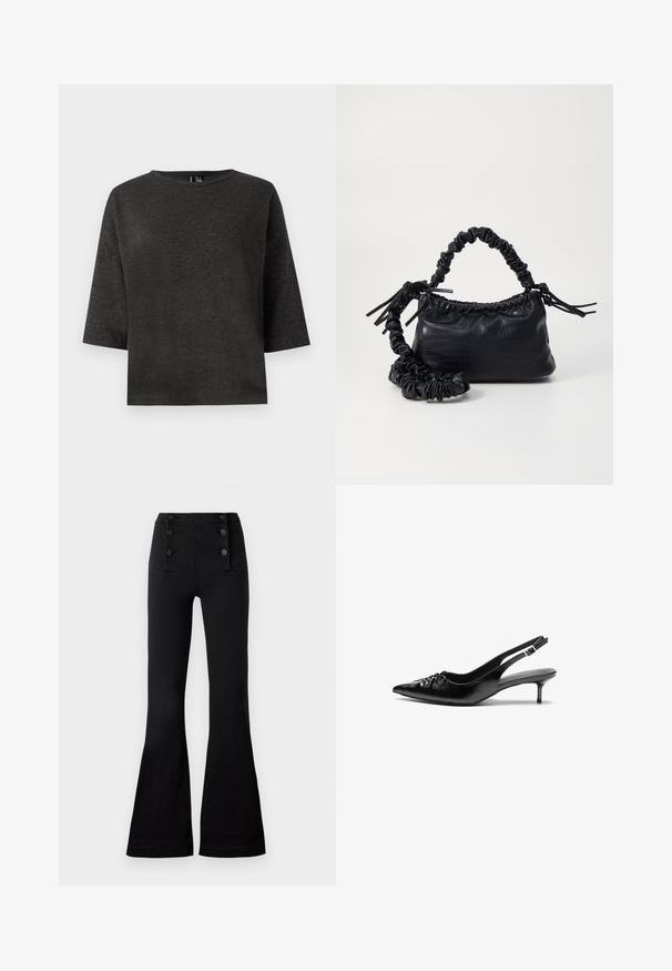 Tumši pelēks, īsām piedurknēm tops, kas izgatavots no mīksta auduma. Izceļas ar apaļu kakla izgriezumu un vienkāršu, kvadrātveida formu bez rotājumiem vai rakstiem.; Melnas džinsu bikses ar platu kāju, augsts jostasvieta, priekšā ir četri dekoratīvi pogas un gluda tekstūra.; Melni ādas sandales ar norādītu pirkstu, mazu kaķa papēdi un dekoratīvu mezglu detaļu priekšā. Gluda tekstūra visā virsmā.; Melnā mākslīgās ādas rokassoma ar krokodila rakstu, savilkta augšdaļa un saburzīta siksna. Izskatās mīksta un kompakta pēc dizaina.