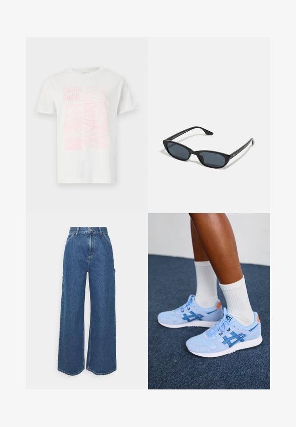 Valge puuvillane T-särk, millel on roosa graafiline trükk tekstiga "CATCH A WAVE" ja abstraktsed kujundid esitropil. Lühikesed varrukad, ümar kaelus.; Laiene jalad sinised denim püksid kõrge vöökohaga, kontrastsete õmblustega ja küljetaskutega, klassikalise viie taskuga disainiga ja toore servaga.; Jalad, millel on seljas helesinised Asics spordijalatsid valgete taldadega ja valged sokid, seisavad tumedal vaibapinnal.; Mustad musta kassi silma päikeseprillid tumedate objektiividega, plastist raam, kitsad tempelid ja peene brändingu detail siseküljel. Matte viimistluse tekstuur.; Kootud õlekott, millel on kõver siluett, ja sile must nahkrihm ning sobiv väike kott, mis on kinnitatud randme rihmaga.