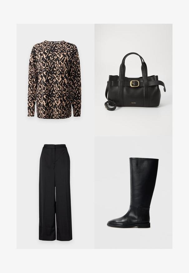 Juoda ilgomis rankovėmis bluzonė su leopardų raštu smėlio spalva. Pagaminta iš minkštos, tekstūruotos medžiagos. Apykaklė su klasikinį iškirpimu ir laisvu siluetu.; Juodos plačios kelnės, pagamintos iš švelnios medžiagos, turinčios aukštą juosmens liniją ir švarų, raukšlėtą priekį su minimalistiniu dizainu.; Juodos odinės kelio ilgio boot'ai su apvaliu pirštu, lygia tekstūra, minimalistiniu dizainu ir plokščiu padu. Paprasti siuvinėjimo detalės ant šonu.; Juodas odinis rankinės maišas su struktūrizuotu dizainu, dviem viršutinėmis rankenomis, auksinės spalvos sagtimi ir iškilniu prekės ženklu priekyje.