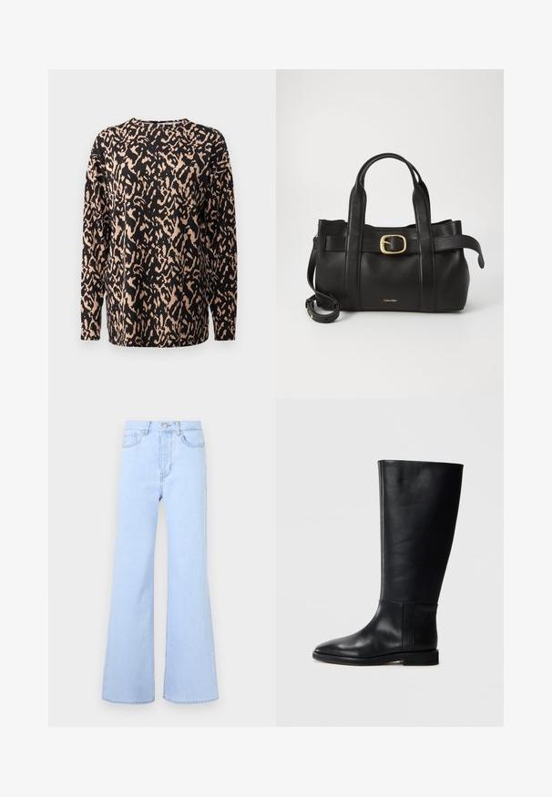 Black long-sleeve top featuring a leopard print in beige. Made of soft, textured fabric. Crew neckline with a relaxed fit.; Light blue flared jeans with a high waist, featuring five pockets, a button closure, and a smooth denim texture. Edge is cleanly stitched.; Black leather knee-high boot with a rounded toe, smooth texture, minimalistic design, and a flat sole. Simple seam details on the shaft.; Black leather handbag featuring a structured design, dual top handles, gold-tone buckle accent, and embossed brand logo at the front.