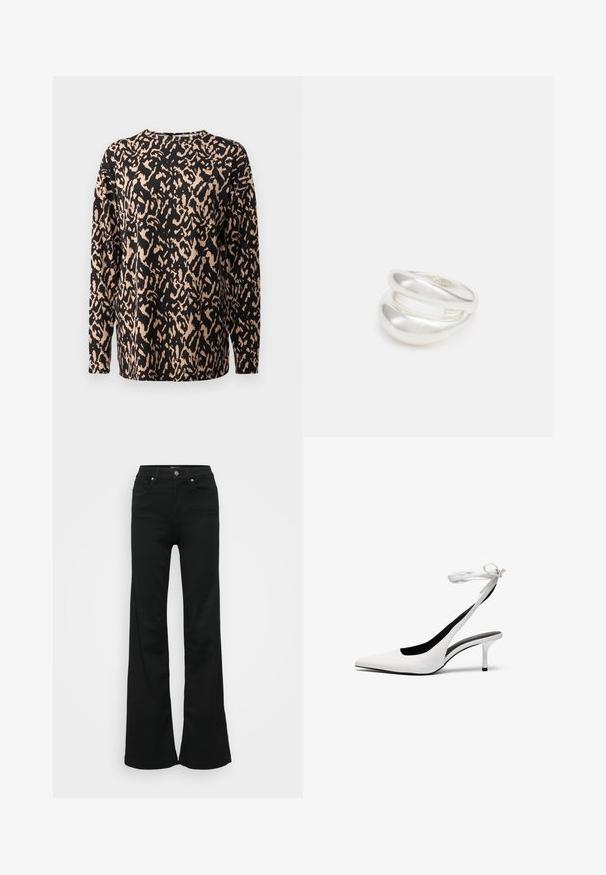 Čierny top s dlhým rukávom s béžovým leopardím vzorom. Vyrobený z mäkkého, štruktúrovaného materiálu. S okrúhlym výstrihom a voľným strihom.; Čierne rozšírené džínsy vyrobené z denimu, s vysokým pásom, piatimi vreckami a kovovým zapínaním. Hladká textúra s minimálnym zdobením.; Biele lodičky s ostrou špičkou a otvorenou pätou, s tenkým remienkom okolo členku. Hladká kožená látka, tenký ihlový podpätok a čierne vnútorné podšívenie.; Strieborný prsteň s dvojitým pásikom s hladkým, lesklým povrchom. Má plynulý, zakrivený dizajn s prekryvajúcimi sa časťami pre moderný vzhľad.