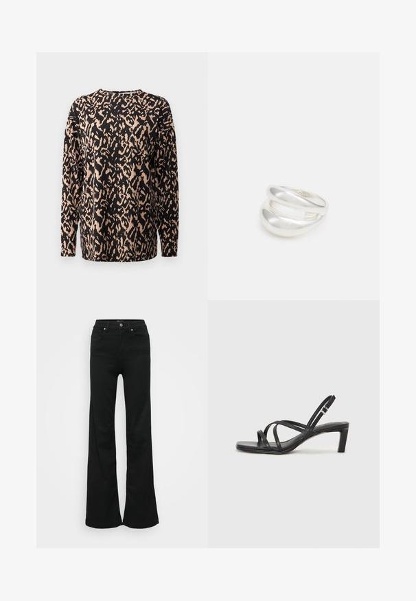 Schwarzes Langarmoberteil mit einem Leopardenmuster in Beige. Hergestellt aus weichem, strukturiertem Stoff. Rundhalsausschnitt mit lockerer Passform.; Schwarze, ausgestellte Jeans aus Denim, mit hoher Taille, fünf Taschen und Metallknopfverschluss. Glatte Textur mit minimaler Gestaltung.; Schwarze Sandale mit Riemchen, quadratischer Zehenform und niedrigem Blockabsatz. Verfügt über mehrere dünne Riemen und einen verstellbaren Knöchelriemen. Hergestellt aus glattem Leder.; Silberner Doppelring mit einer glatten, polierten Oberfläche. Verfügt über ein fließendes, kurviges Design mit überlappenden Abschnitten für einen modernen Look.
