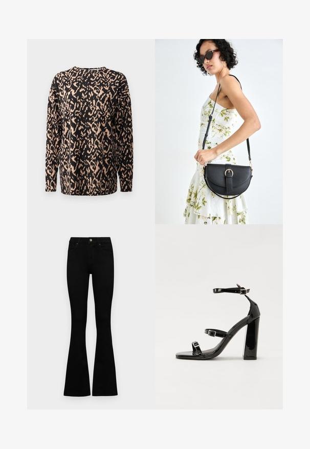 Must jaevarmustikuga tipp, millel on leopardi prindiga beež värv. Valmistatud pehmest, tekstuurist kangast. Ümmargune kaelus ja mugav lõige.; Mustad kõrge vöökohtadega teksad, millel on nööp ja lukuga sulgemine, esikäe taskud ja laienevad sääred, asetatud tasasele valgele taustale.; Mustad läikiva lakknahaga kõrge kontsaga sandaalid kahe pandlaga, kandilised varbad ja jäme plokk-kontsaosa, millel on sile ja läikiv tekstuur.; Mustmust mustraha kõverate joontega, eemaldatava rihmaga ja kuldsete detailidega. Kotil on klapp, millel on pandladetail.