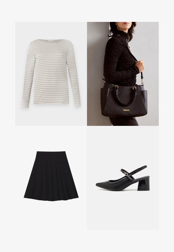 TOM TAILOR STRIPED BOAT NECK - Long sleeved top - taupe/offwhite; Black pleated skirt made of textured fabric with a fitted waistband. Falls to knee length, featuring a smooth, clean silhouette.; Black patent leather slingback heels with a pointed toe, a rounded cutout design, and a block heel. Features a gold-tone buckle accent.; Black handbag with textured surface, dual top handles, and adjustable shoulder strap. Features gold-tone hardware and side pockets.