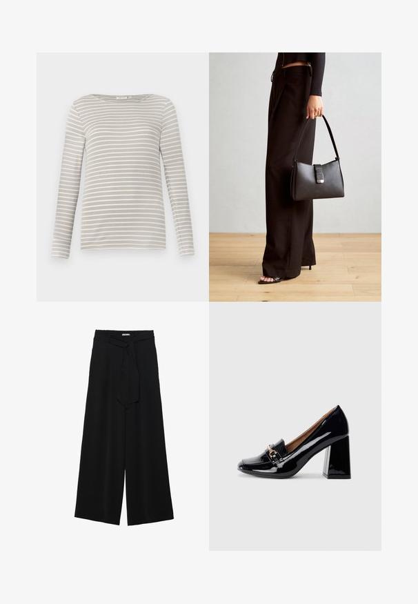 TOM TAILOR - Bluzka z długim rękawem; Czarne spodnie szerokie z teksturowanej tkaniny, z elastycznym paskiem w talii i odpinanym paskiem w talii dla regulowanego dopasowania.; Czarne lakierowane szpilki z ostrym noskiem i słupkowym obcasem. Posiadają dekoracyjny pasek oraz detal klamry na cholewie.; Czarna torebka o usztywnionym kształcie, gładkiej fakturze i metalowym zapięciem. Połączona z szerokimi czarnymi spodniami i sandałami na otwartym palcu na drewnianej podłodze.