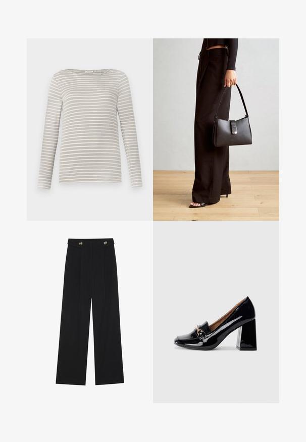 TOM TAILOR STRIPED BOAT NECK - Top s dlouhým rukávem - taupe/offwhite; Černé široké kalhoty s vysokým pasem, detailní knoflíky na pase a přední záhyby.; Černý lakovaný kožený dámský vysoký podpatek s špičatou špičkou a blokovým podpatkem. Obsahuje dekorativní pásek a detail s přezkou na nártu.; Černá kabelka se strukturovaným tvarem, hladkým povrchem a kovovým uzávěrem. Kombinována s širokými černými kalhotami a sandály s otevřenou špičkou na dřevěné podlaze.