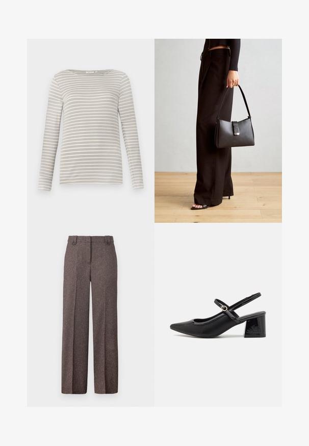 TOM TAILOR STRIPED BOAT NECK - Camisola de manga comprida - taupe/offwhite; Calças largas castanhas feitas de um tecido texturizado. Apresentam dois bolsos frontais e um ajuste entalhado com dois botões na cintura.; Sabrinas de cerâmica preta com salto bloco, bico apontado e um design com recortes arredondados. Apresenta um detalhe em fivela de tom dourado.; Bolsa preta com forma estruturada, textura suave e um fecho metálico. Combinada com calças largas pretas e sandálias de salto aberto sobre um chão de madeira.