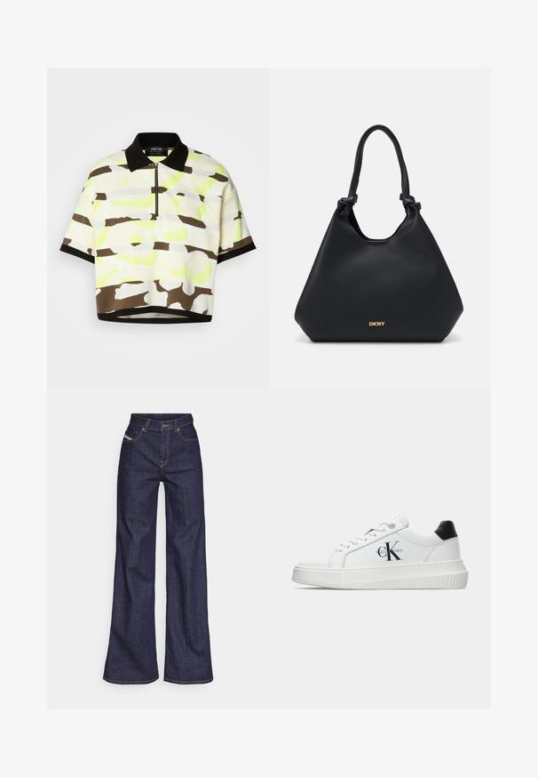 Kortærmet polo-skjorte i et let materiale med et lyst gult, brunt og gråt abstrakt mønster, med en sort krave og lynlås.; Mørkeblå bredbenede jeans i denimstof med høj talje, prydet med orange stikninger, fem-lomme design og knaplukning.; Hvide lavtoppede sneakers med sort hælkænke, platformssål, snørebånd og Calvin Klein "CK" logo på siden.; Sort læder tote taske med en struktureret overflade, knyttede håndtagsdetaljer og guldlogo ved bunden. Har en afslappet silhuet.